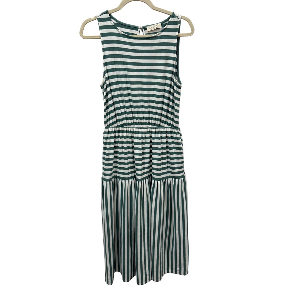 Doe and Rae Green White Striped Tiered Midi Dress Sleeveless Pockets Small